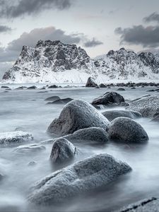 Preview wallpaper mountains, rocks, water, snow, sea, coast