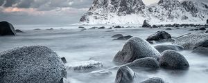 Preview wallpaper mountains, rocks, water, snow, sea, coast