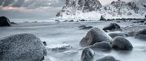 Preview wallpaper mountains, rocks, water, snow, sea, coast