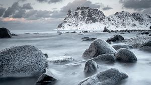 Preview wallpaper mountains, rocks, water, snow, sea, coast