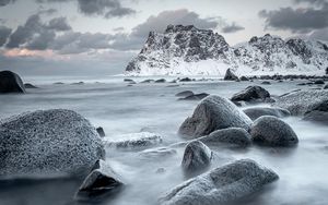 Preview wallpaper mountains, rocks, water, snow, sea, coast