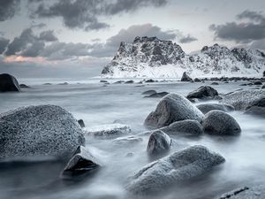 Preview wallpaper mountains, rocks, water, snow, sea, coast