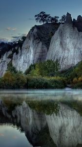 Preview wallpaper mountains, rocks, water smooth surface, evening, silence