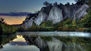 Preview wallpaper mountains, rocks, water smooth surface, evening, silence