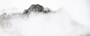 Preview wallpaper mountains, rocks, waterfall, trees, fog, clouds