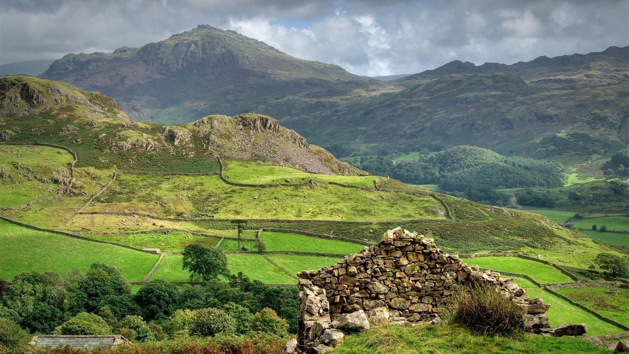 Wallpaper mountains, ruins, structure, scotland, agriculture, fields