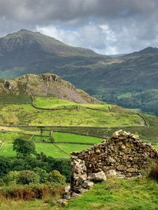 Preview wallpaper mountains, ruins, structure, scotland, agriculture, fields