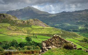 Preview wallpaper mountains, ruins, structure, scotland, agriculture, fields