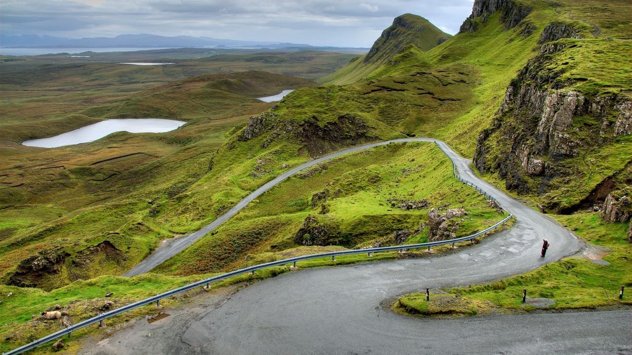 Wallpaper mountains, scotland, road, bends, person