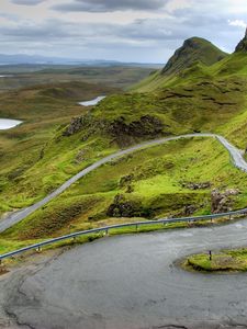 Preview wallpaper mountains, scotland, road, bends, person