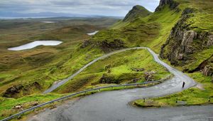 Preview wallpaper mountains, scotland, road, bends, person