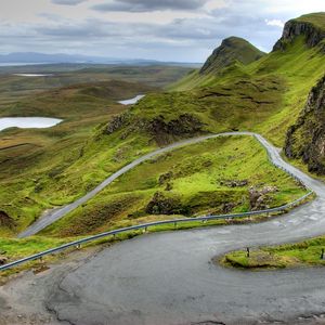 Preview wallpaper mountains, scotland, road, bends, person