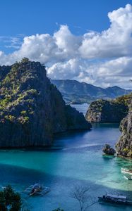 Preview wallpaper mountains, sea, boats, nature, sky, clouds