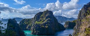 Preview wallpaper mountains, sea, boats, nature, sky, clouds