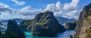 Preview wallpaper mountains, sea, boats, nature, sky, clouds