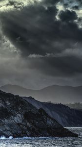 Preview wallpaper mountains, sea, clouds, dark, nature