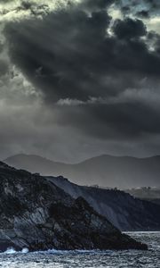 Preview wallpaper mountains, sea, clouds, dark, nature