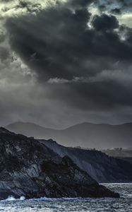Preview wallpaper mountains, sea, clouds, dark, nature