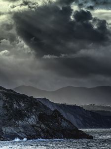 Preview wallpaper mountains, sea, clouds, dark, nature