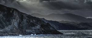 Preview wallpaper mountains, sea, clouds, dark, nature