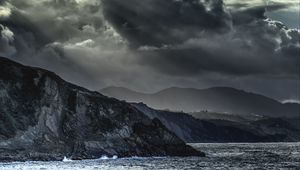 Preview wallpaper mountains, sea, clouds, dark, nature