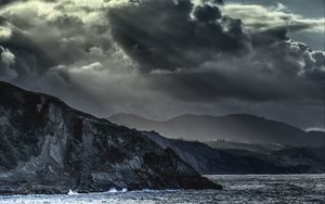 Preview wallpaper mountains, sea, clouds, dark, nature