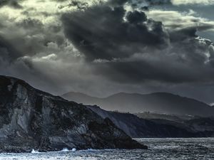 Preview wallpaper mountains, sea, clouds, dark, nature