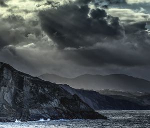 Preview wallpaper mountains, sea, clouds, dark, nature