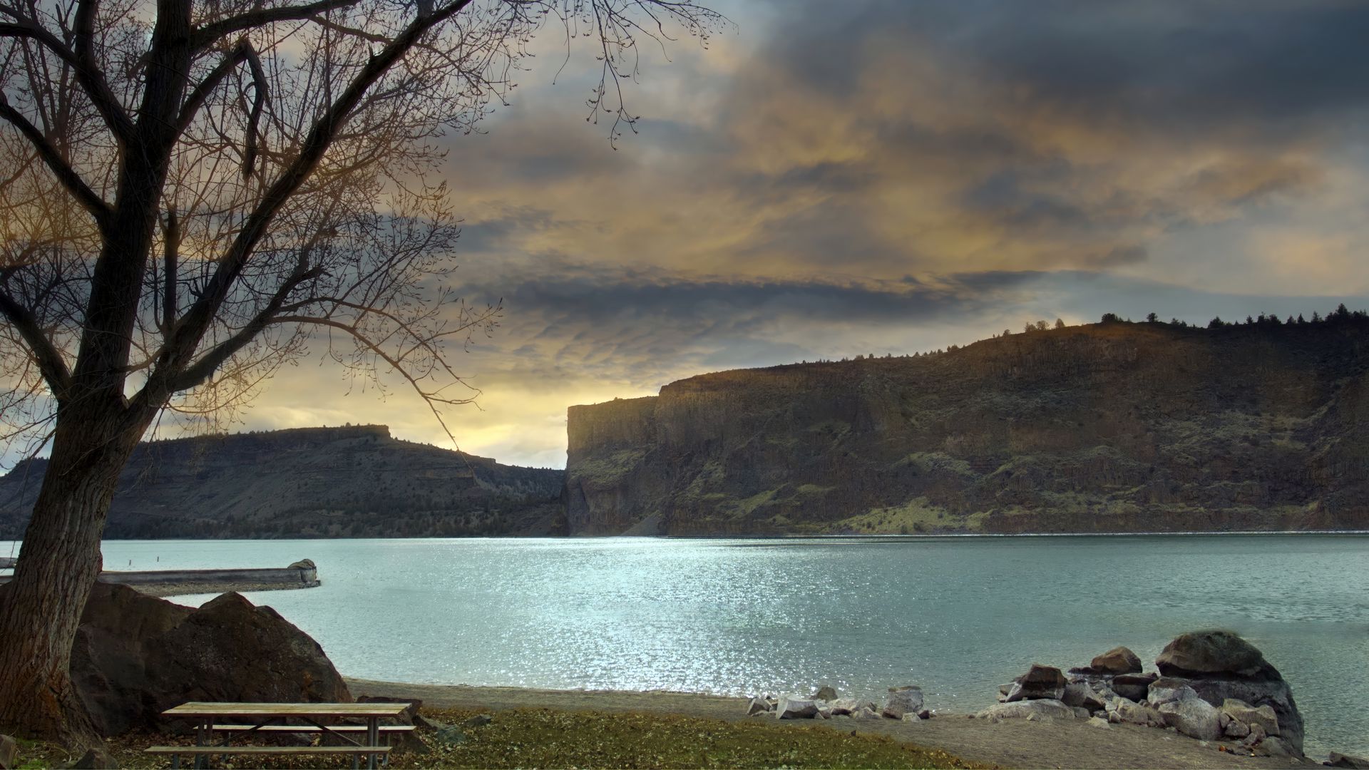 Download Wallpaper 1920x1080 Mountains, Sea, Coast, Tree, Clouds 