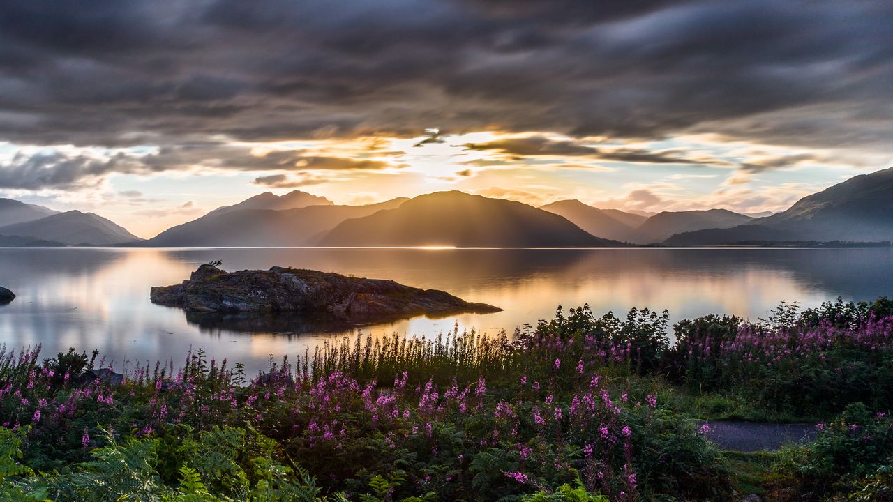 Wallpaper mountains, sea, flowers, sunset, sky