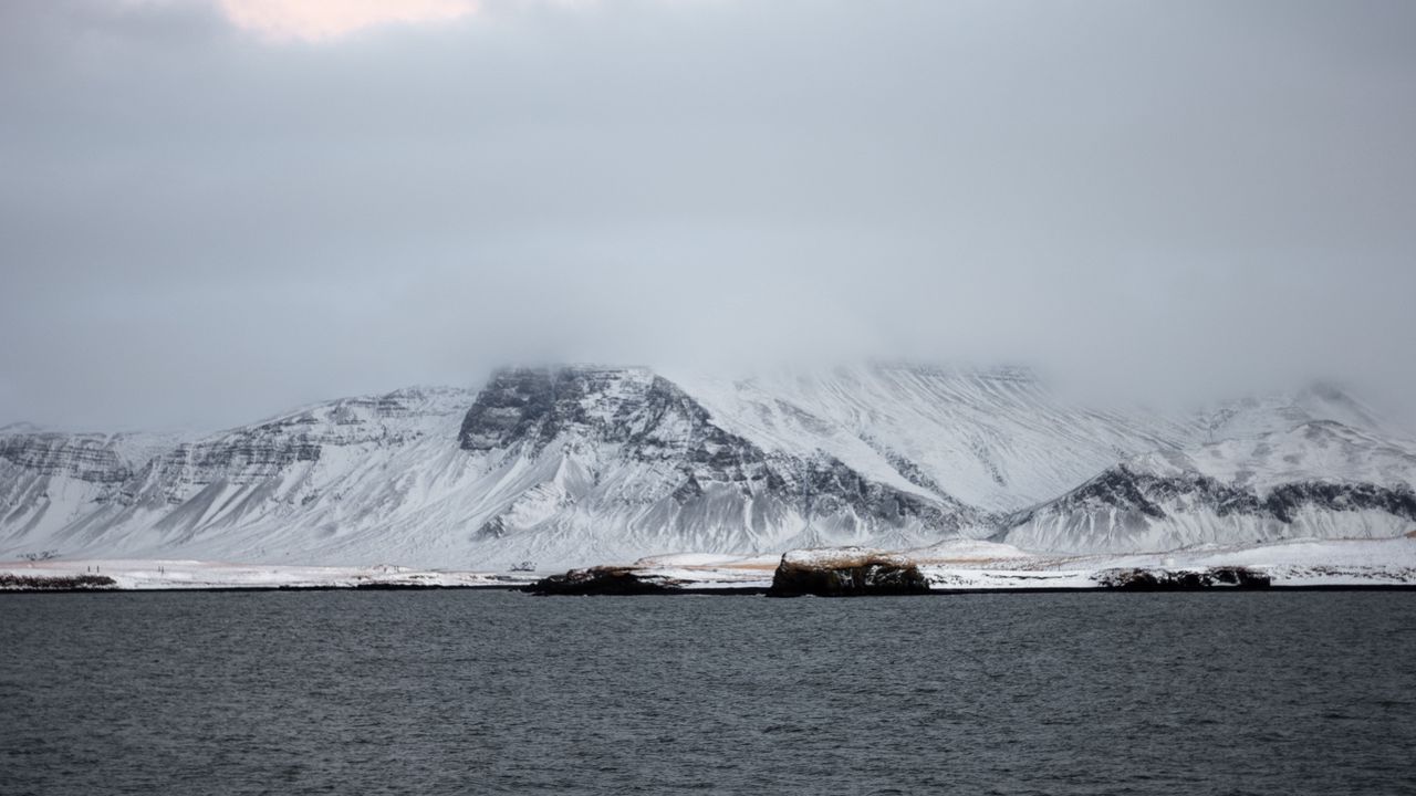 Wallpaper mountains, sea, fog, snow, horizon, reykjavik, iceland