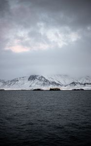 Preview wallpaper mountains, sea, fog, snow, horizon, reykjavik, iceland