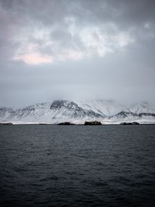 Preview wallpaper mountains, sea, fog, snow, horizon, reykjavik, iceland