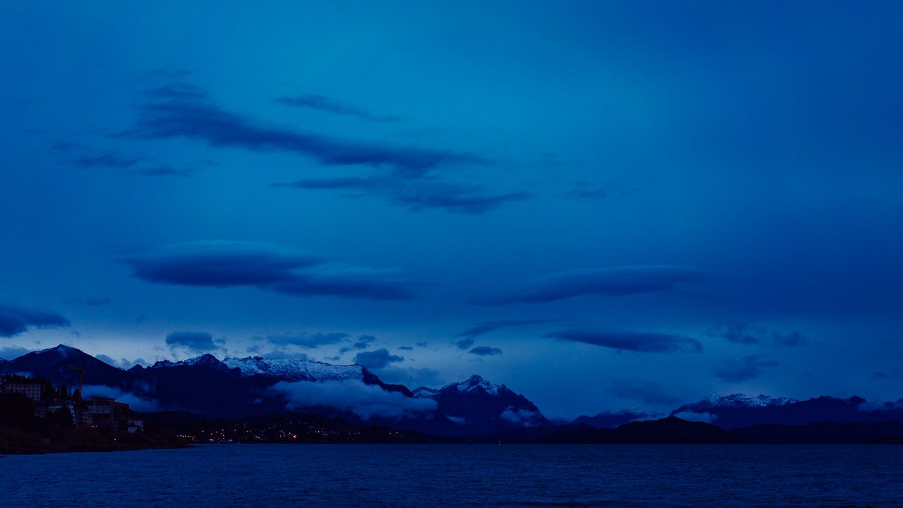 Wallpaper mountains, sea, sky, night, clouds