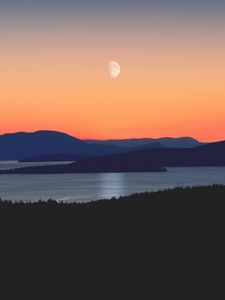 Preview wallpaper mountains, sea, sky, sunset, shore, moon