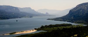 Preview wallpaper mountains, sea, strait, island, landscape