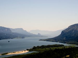 Preview wallpaper mountains, sea, strait, island, landscape