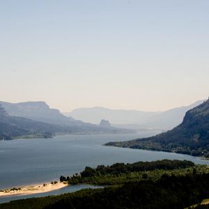 Preview wallpaper mountains, sea, strait, island, landscape