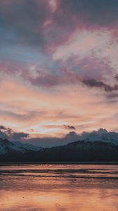 Preview wallpaper mountains, sea, sunset, horizon, sky, clouds, landscape
