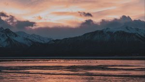 Preview wallpaper mountains, sea, sunset, horizon, sky, clouds, landscape