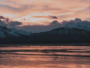 Preview wallpaper mountains, sea, sunset, horizon, sky, clouds, landscape