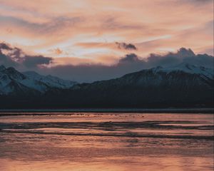 Preview wallpaper mountains, sea, sunset, horizon, sky, clouds, landscape