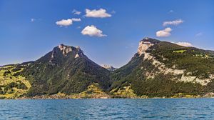 Preview wallpaper mountains, sea, trees, sky, nature