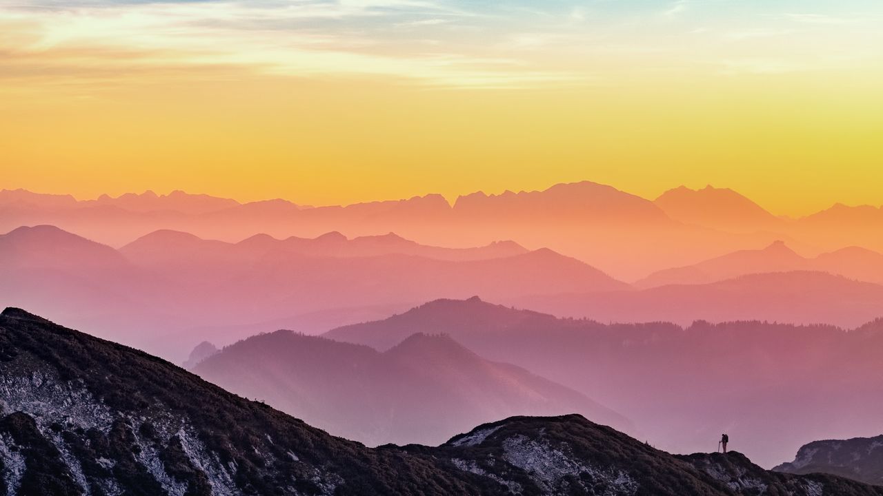 Wallpaper mountains, silhouette, travel, fog, altmunster, austria