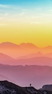 Preview wallpaper mountains, silhouette, travel, fog, altmunster, austria