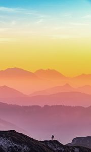 Preview wallpaper mountains, silhouette, travel, fog, altmunster, austria