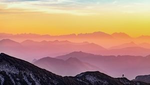 Preview wallpaper mountains, silhouette, travel, fog, altmunster, austria