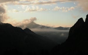 Preview wallpaper mountains, silhouettes, clouds, twilight, landscape, dark