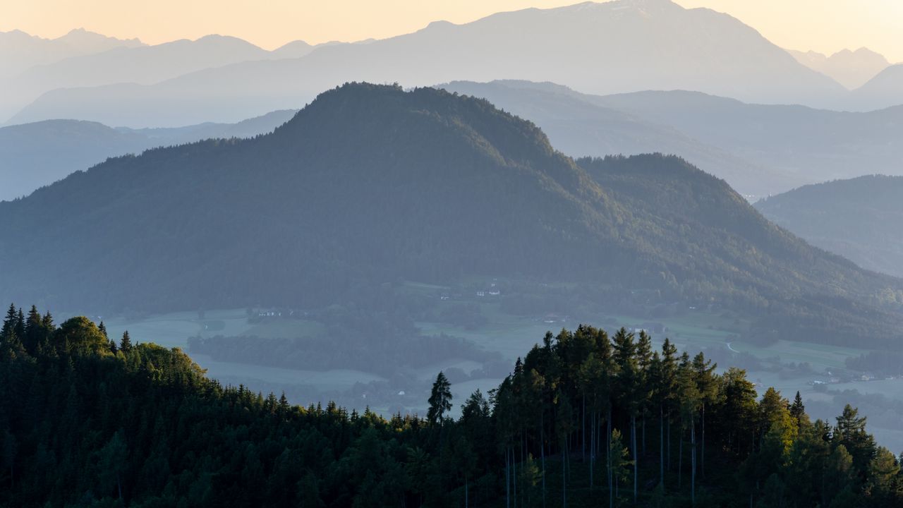 Wallpaper mountains, silhouettes, forest, trees, fog