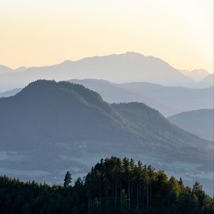 Preview wallpaper mountains, silhouettes, forest, trees, fog